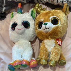 Ty Plush Unicorn and Reindeer Set - White and Gold